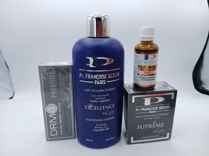 Francoise Bedon mini gamme , Lait Excellence, savon supreme, creme DRM Prestige et huile Carrot booster une combo efficace pour un teint illuminé – Image 2