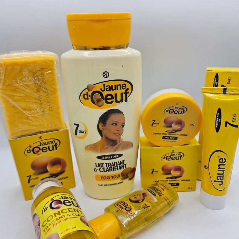 Gamme Jaune d'Oeuf Savon , Lait 4500ml , Creme tube, Concentré  bis, Crème visage Et Huile anti taches concentré clarifiant et  efficace 6pcs