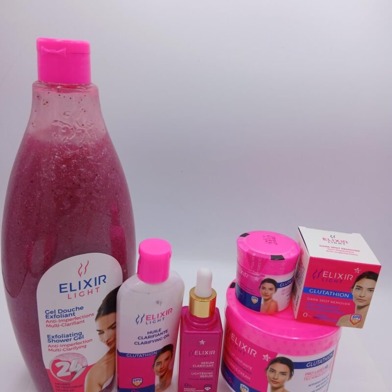 gamme Elixir  Gel douche 500ml, crème 400ml , serum , huile,  et creme visage 5 pcs