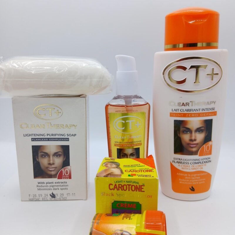 Lait C. T. plus clear therapy plus 500ml et huile à la carotte 125ml et savon ET creme visage à la carrotte