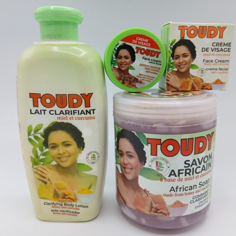 Gamme Toudy  savon en pot, Lait corporelle et creme visage anti taches  pour un teint clear et uniforme