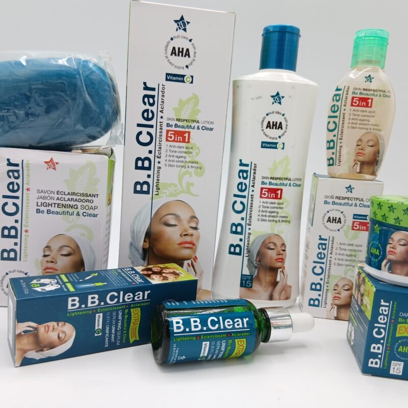 Gamme B B Clear, Serum, Creme visage, savon , Huile et lait de  Corps 300ml B B Clear 5 pcs