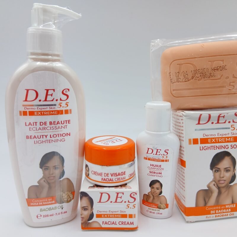 D.E.S  , Lait Clarifiant Savon, creme visage et Huile anti taches tres embellissante